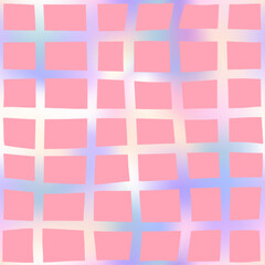 Abstract checkered seamless patten. Vector wavy groovy holographic foil gradient lines on pink background. Hand drawn grid stripes textured print. Geometric cute plaid texture for fashion decor design