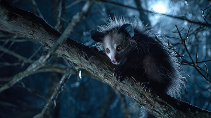 Aye-aye perched on tree branch at night.