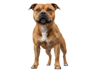 Isolated Stafford posing in studio, muscular dog with brown and white fur stands tall