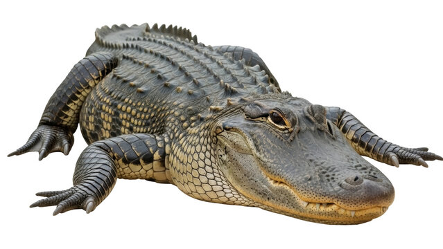 Isolated American alligator lies on a surface, with its scaly skin and powerful build visible