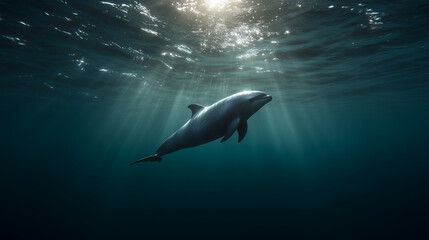 Dolphin swimming underwater in open ocean.