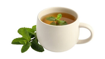 Isolated cup of mint tea with fresh mint sprig, a healthy hot drink for wellness, health