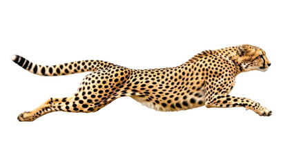 Isolated cheetah running mid-leap, fastest mammal on earth, African wildlife animal, powerful