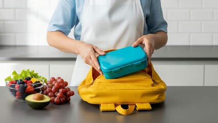 Student packs lunchbox with fresh fruit in bright school kitchen