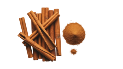 Isolated Cinnamon sticks and powder, aromatic spice, delicious flavor enhancer for baking