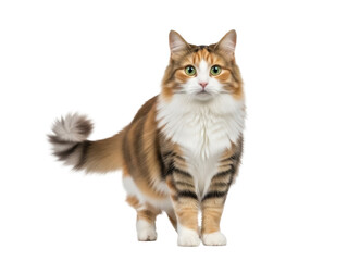 Isolated cat standing elegantly, a magnificent longhair with calico markings and green eyes