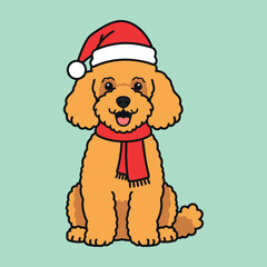 Cute golden doodle dog wearing a santa hat and red scarf