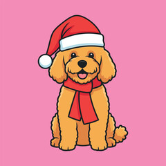 Adorable golden retriever puppy wearing a santa hat and scarf