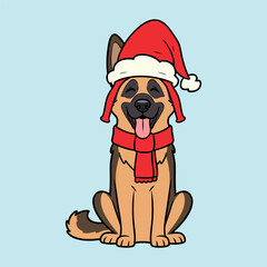 Cute german shepherd dog wearing a santa hat and scarf