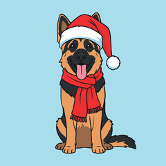 Happy german shepherd dog wearing a santa hat and red scarf