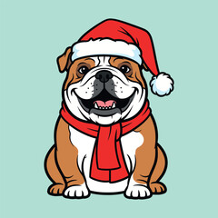 Happy bulldog wearing a santa hat and red scarf