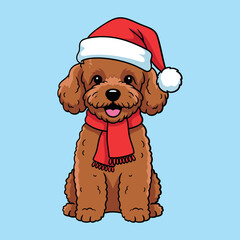 Adorable brown poodle dog wearing a santa hat and red scarf