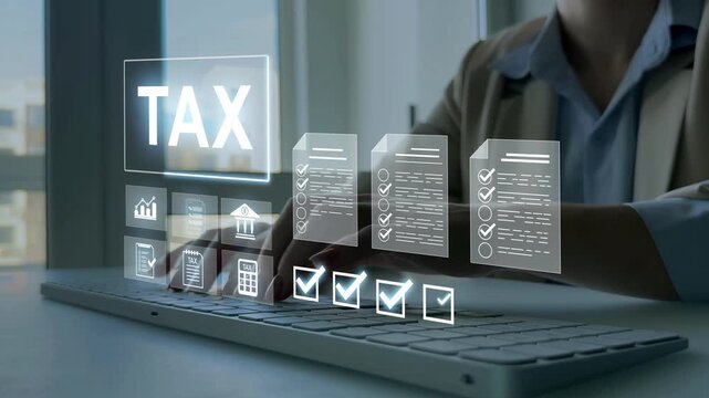 Government taxes and calculation tax return annual report.Tax and vat concept. Tax form online for tax payment.State taxes digital.	
