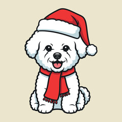 Cute bichon frise dog wearing a santa hat and red scarf