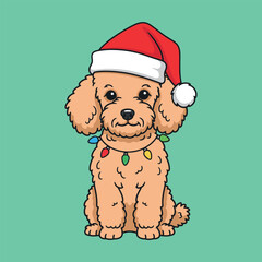 Cute golden poodle wearing a santa hat and christmas lights