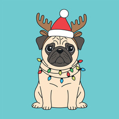 Cute pug wearing antlers and christmas lights