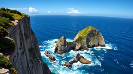 Breathtaking Ocean Cliffs and Rocky Islands Under Blue Sky