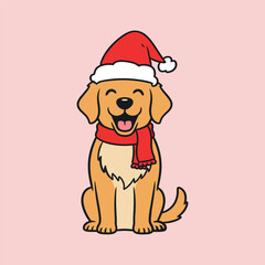 Happy golden retriever dog wearing santa hat and red scarf
