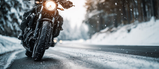 motorbike on the road riding at winter