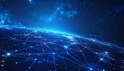 Luminous connections trace a network over a blue globe against a nebular background, glowing dots emphasizing the lines