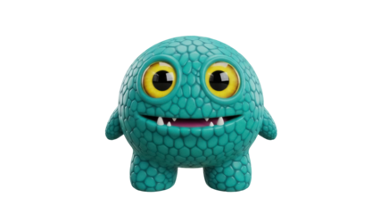 Isolated round teal monster with bumpy skin, big yellow eyes, arms, legs and small teeth