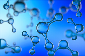 Water molecules floating against blue background. 3D illustration