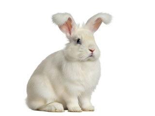 Isolated fluffy white bunny is sitting and looking to the side with its ears up alert