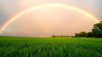 Naklejka premium Vibrant Rainbow Arching Over Lush Green Field and Trees at Sunset