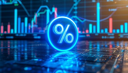 Glowing Blue Percentage Icon on Financial Charts Background: Interest Rate, Commission and Stock Market Analysis Concept