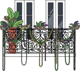 Carnival Celebration Balcony with Purple Gold Green Decor