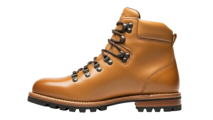 Isolated luxury brown leather hiking boot with laces for urban mountain adventure style