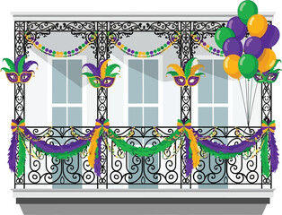 Mardi Gras Balcony with Masks Balloons and Beads Vector