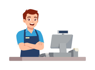 Happy male cashier in a blue uniform standing with crossed arms at a checkout counter smiling friendly