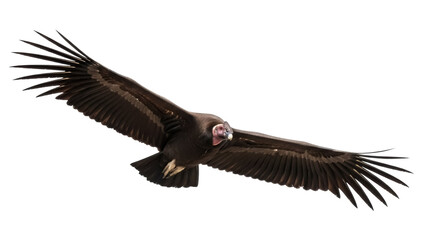 Isolated Andean Condor soaring with outstretched wings against a cloudless sky. Majestic flight