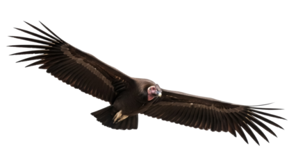 Isolated Andean Condor soaring with outstretched wings against a cloudless sky. Majestic flight