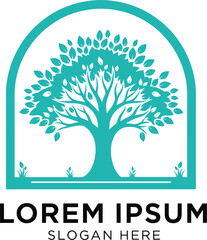 Obraz premium Minimalist Arch Frame Tree Logo Vector with Lush Leaves and Grass, Ideal for Real Estate, Park Management, Wellness Centers, and Environmental Brands.