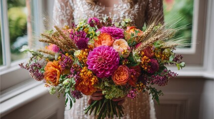 Close-up of a bride holding a colorful wedding bouquet with dahlias, roses, and wheat. The background has a window with blurred greenery