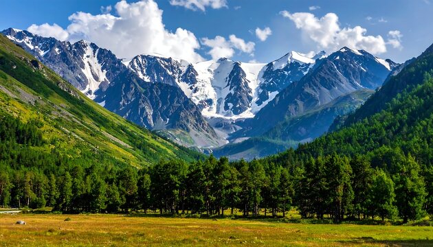 Majestic mountain range view; snow-capped peaks tower over lush green valleys under a bright blue sky with fluffy clouds - Powered by Adobe