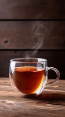 Hot hojicha in a clear glass cup, steam curling, Solid toasted brown background, Warm backlight with glowing liquid, Amber tea, soft steam, Cozy beverage photo, centered