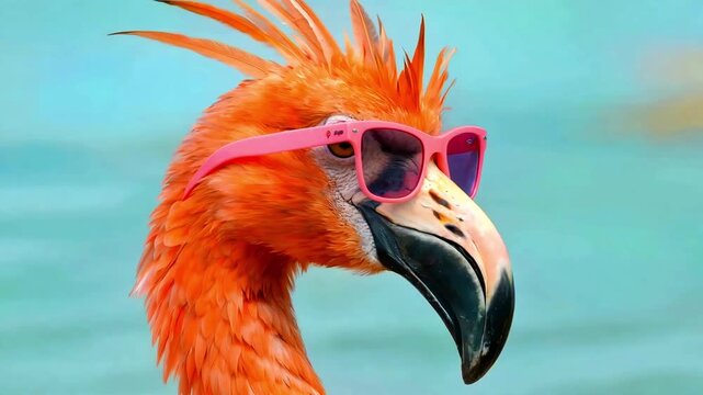 Vibrant orange flamingo wearing bright pink sunglasses stands out against a soft blue background suggesting a fun tropical vacation or summer theme