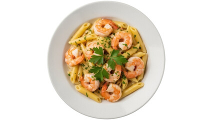 Isolated plate of shrimp pasta, penne pasta with seafood on white plate, Italian dish