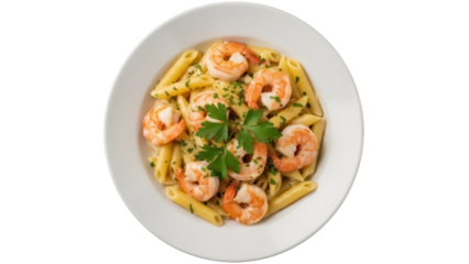 Isolated plate of shrimp pasta, penne pasta with seafood on white plate, Italian dish