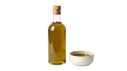 Isolated olive oil bottle and bowl set in studio lighting, gourmet food ingredient concept