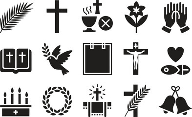 Religious faith symbol icon set silhouette style with cross heart prayer worship elements isolated on white background vector illustration