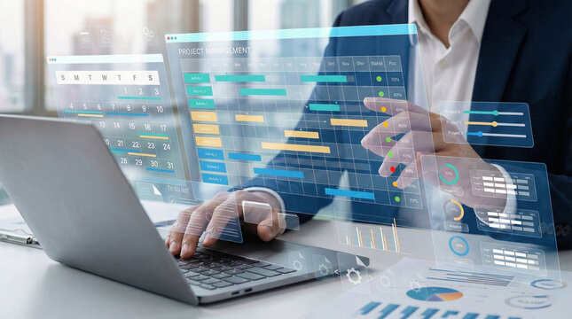 Project management and workflow scheduling interface. A business professional analyzing Gantt charts, tracking progress, and managing task execution through a digital strategy dashboard. - Powered by Adobe