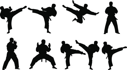 Martial arts silhouettes set featuring karate, taekwondo kicks, fighting poses, black figures isolated on white background for combat sport training design illustration collection action