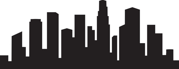 Black silhouette of a diverse city skyline with varied building heights and shapes white