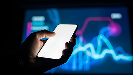 Hand holding smartphone with blank screen in front of colorful graph display