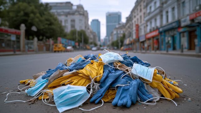 Pile of discarded gloves and masks on empty urban street, showcasing environmental impact, camera gradually zooms in to emphasize waste accumulation and urban backdrop