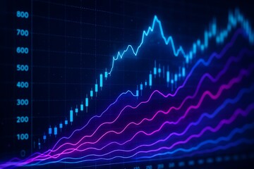 Glowing colorful financial graph with candlestick chart and data lines on dark background showing economic growth and market analytics trends. Ai generative